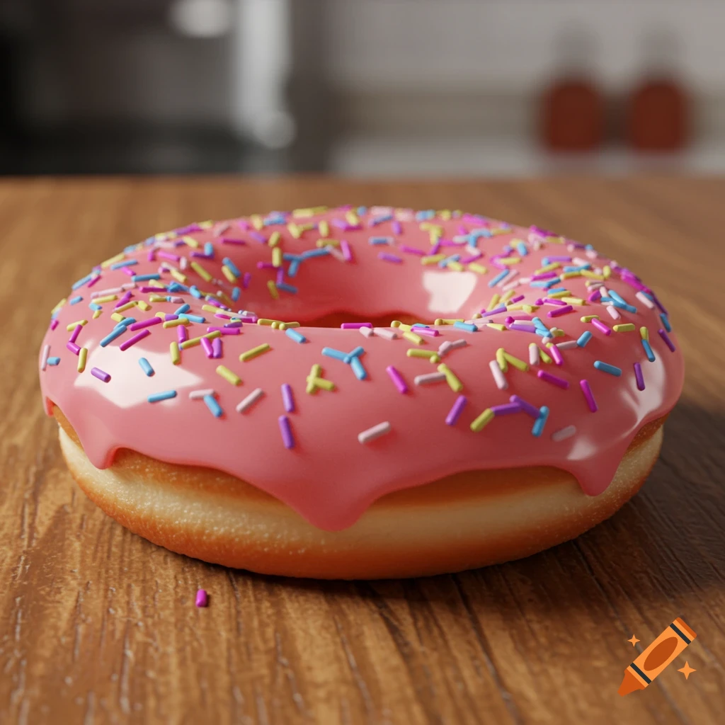 A photorealistic close-up of a pink strawberry frosted donut with colorful sprinkles on a wooden surface.