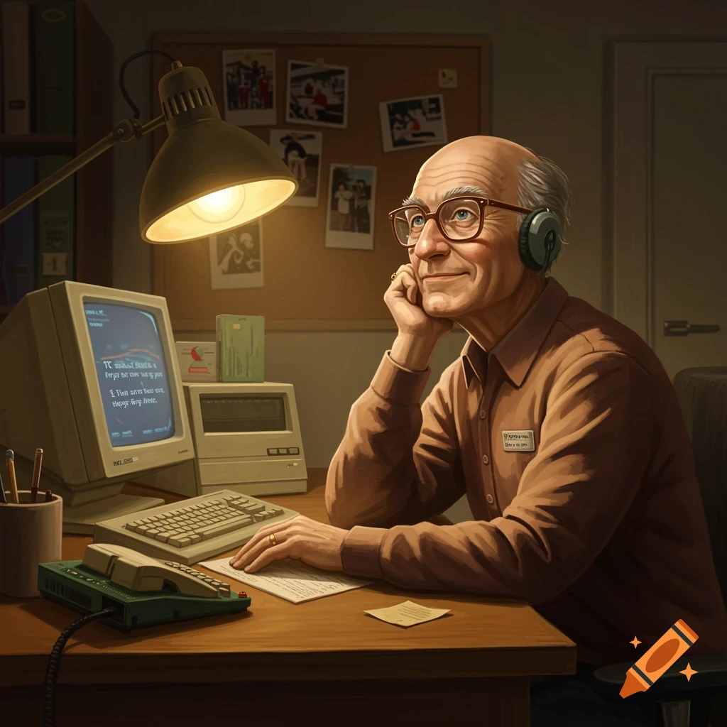 An old man with glasses and headphones sits at a vintage computer desk, looking up and smiling. He wears a brown shirt with a name tag.