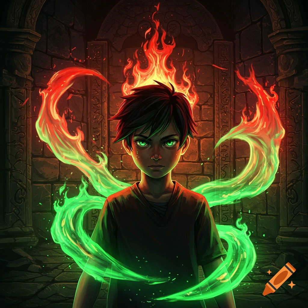 A dark-haired boy with glowing green eyes stands amidst swirling green and red flames in a dimly lit, ancient stone chamber.