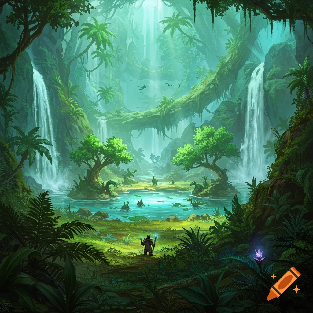 A vibrant fantasy jungle with multiple waterfalls, a central clear blue pool, and lush green foliage. A character stands near the water, while small creatures lurk in the pond.