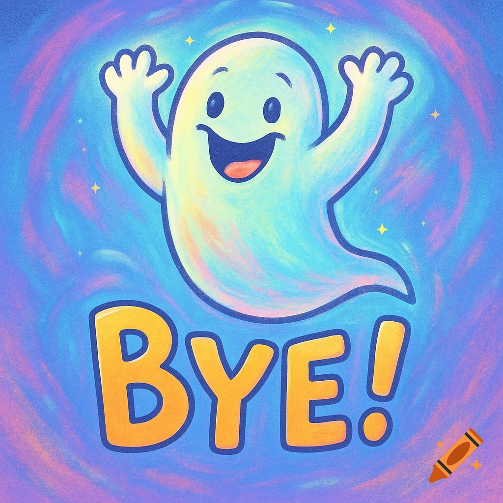 A friendly cartoon ghost waves over the word 'BYE!' on a vibrant blue and purple background.