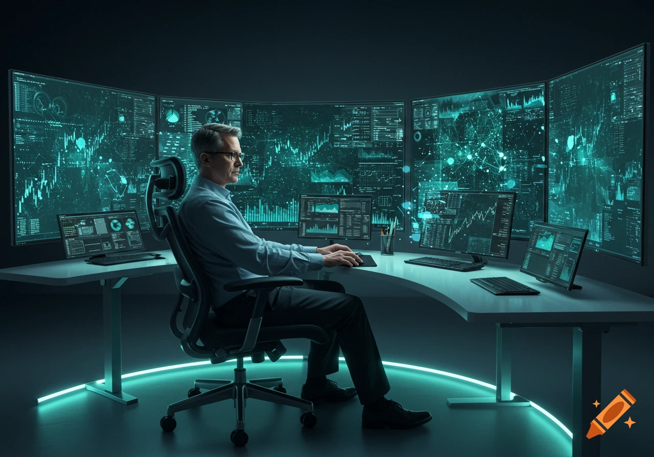 A man in glasses works at a desk with multiple large computer screens displaying green data, charts, and graphs in a dark room with blue glowing accents.