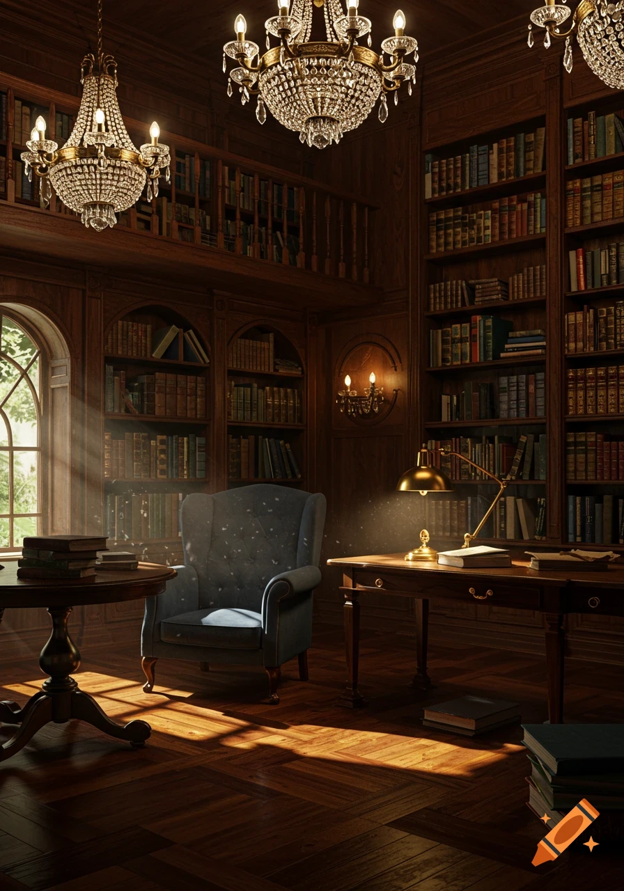 A luxurious library room with tall wooden bookshelves, ornate chandeliers, an armchair, and desks, illuminated by sunbeams.