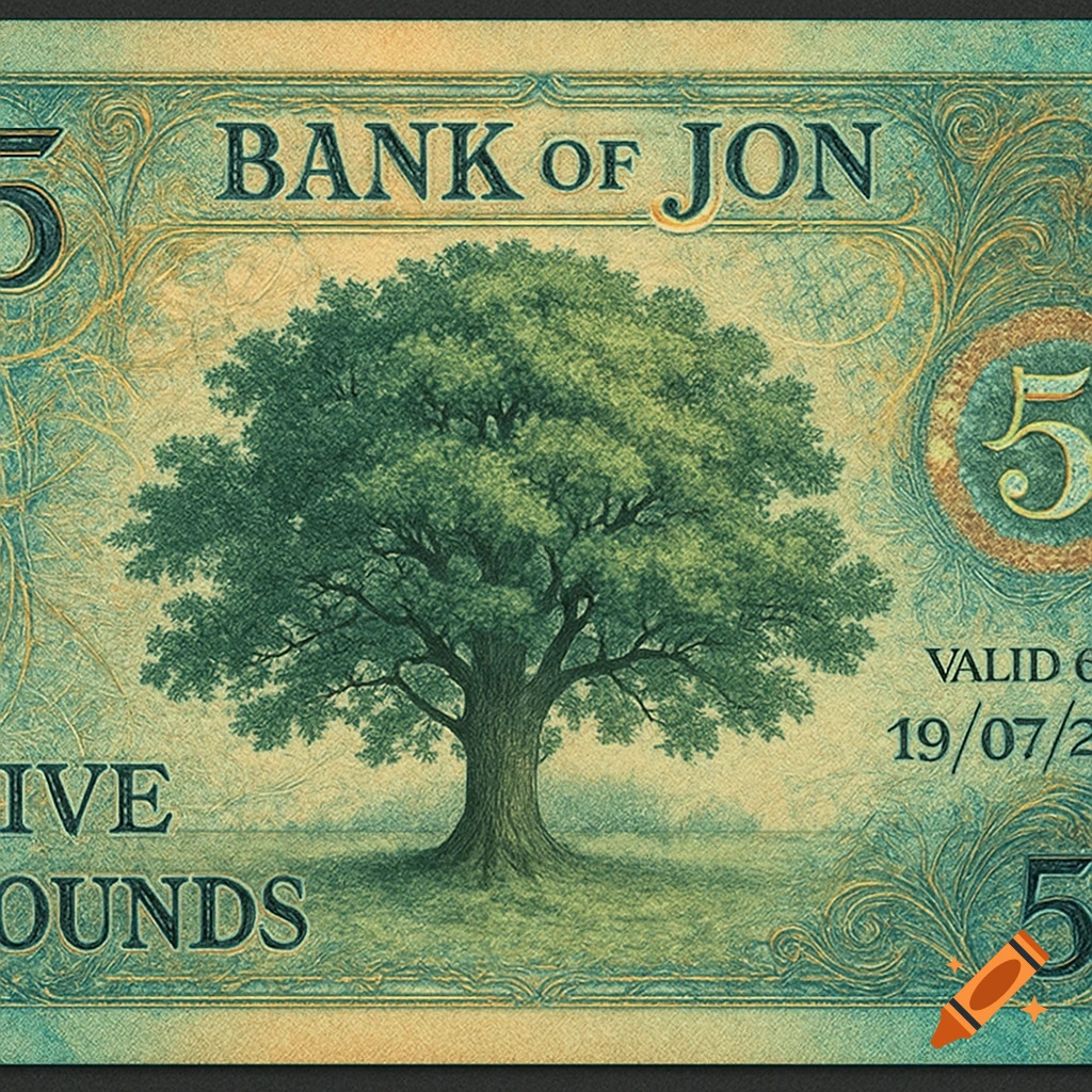A vintage-style five-pound banknote featuring a large green tree in the center, with "BANK OF JON" printed at the top and "FIVE POUNDS" at the bottom left.
