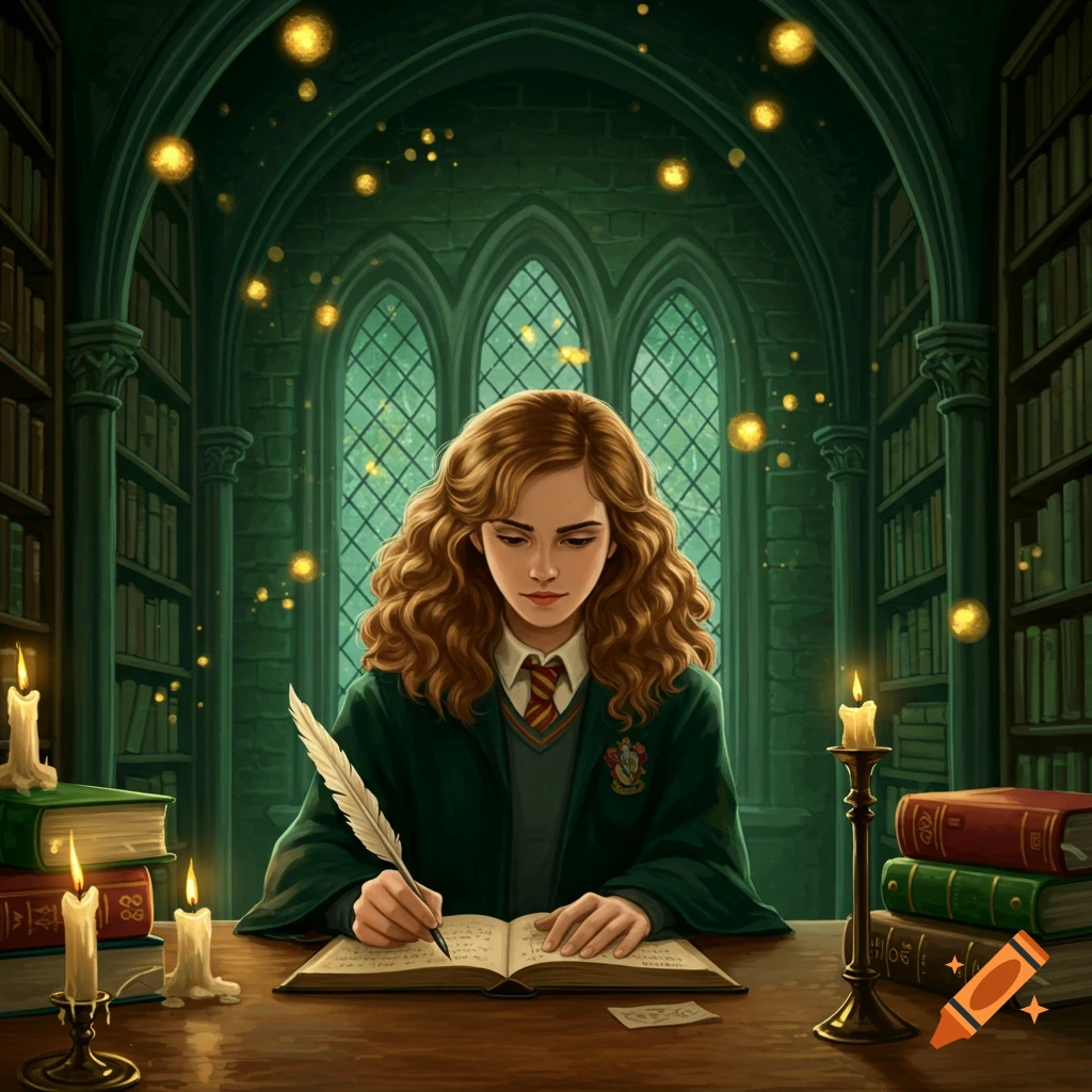 Hermione Granger with long brown hair, wearing a Hogwarts uniform, writes in a book with a quill in a dimly lit library.
