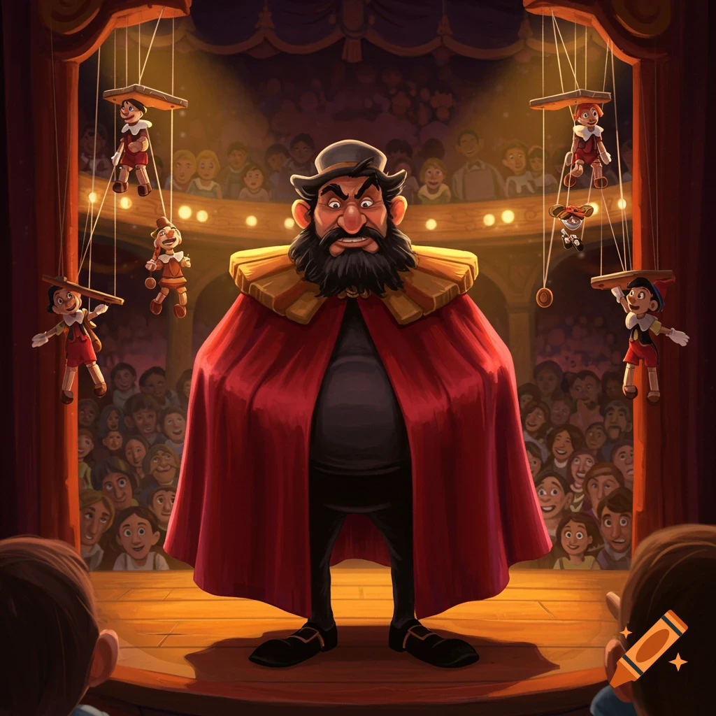 Stromboli, a large man with a black beard and red cape, stands on a lit stage controlling Pinocchio puppets for an audience, in the Lorcana art style.