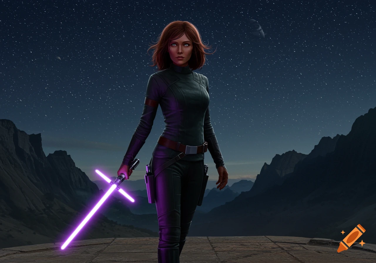 A photorealistic woman with short red hair holds a purple lightsaber, standing on a stone platform under a starry night sky with mountains.