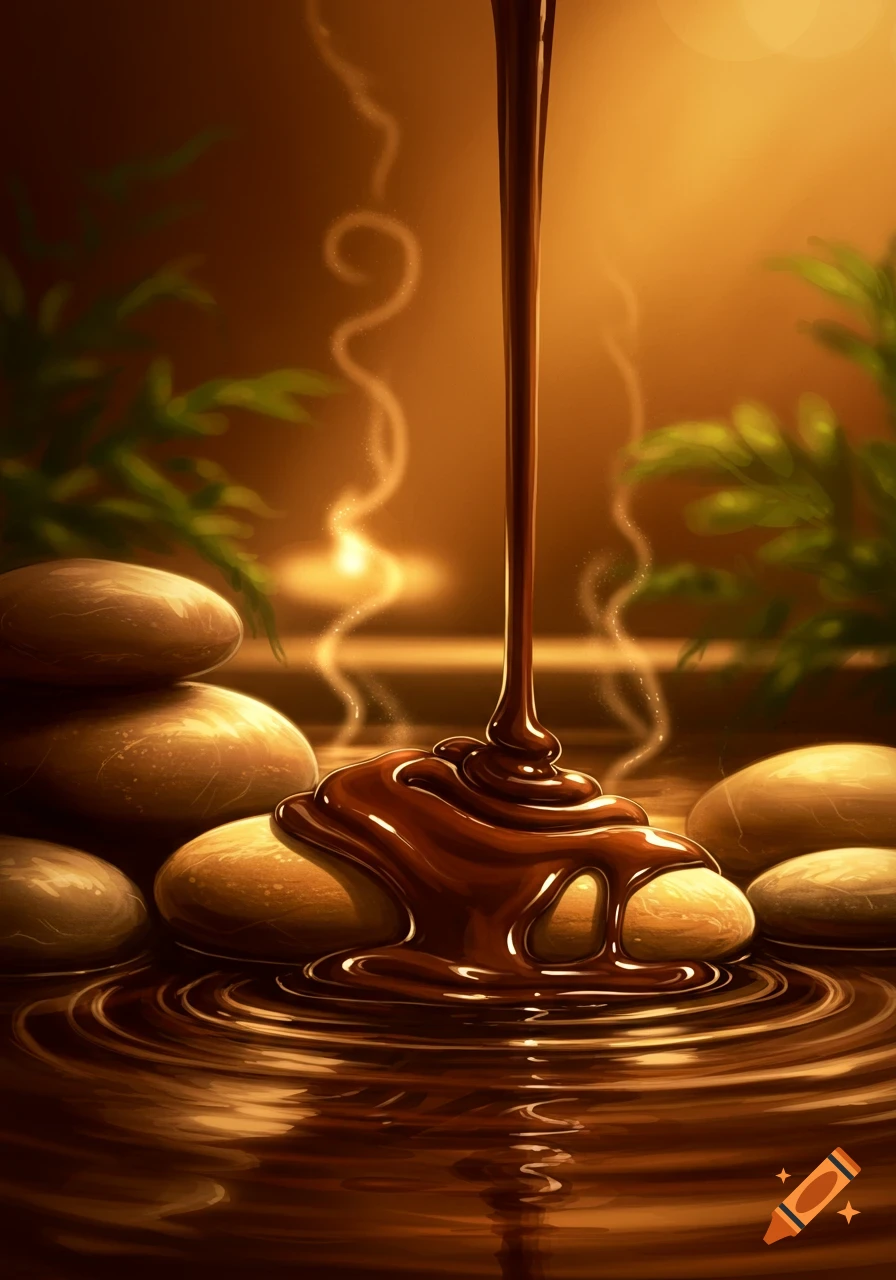 Rich chocolate pours onto smooth stones, creating ripples in a serene, warm-lit setting with plants and steam.