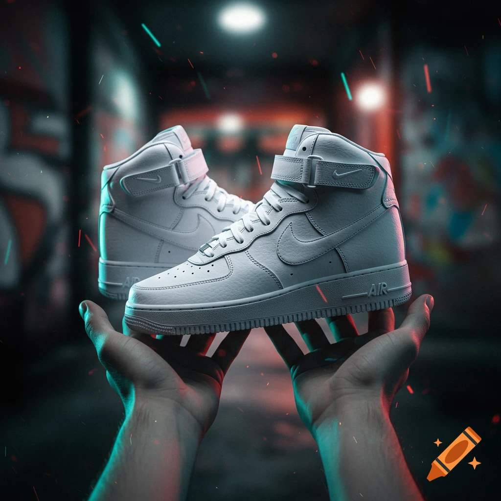 Photorealistic image of two hands holding a pair of white Nike Air Force 1 high-top sneakers in a dark, neon-lit urban setting.