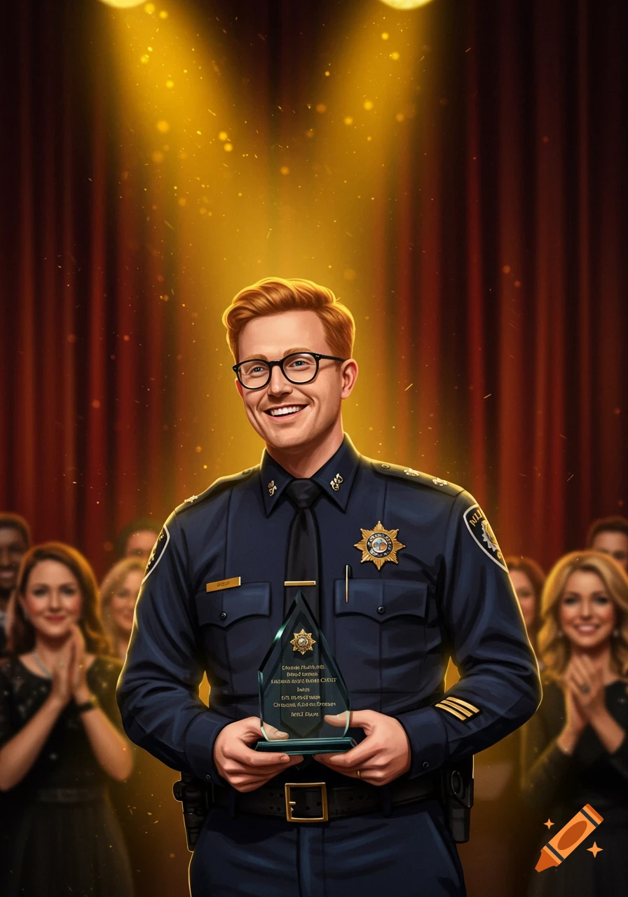 A happy ginger-haired police officer wearing glasses holds an award on stage with an audience in an illustrated style.
