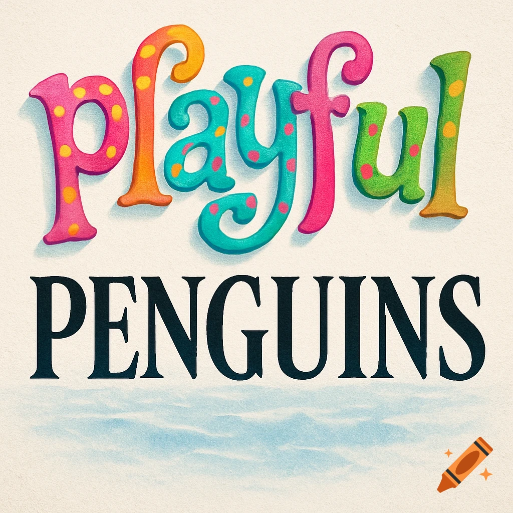 The word 'playful' in colorful, bubbly, polka-dotted letters above 'PENGUINS' in bold black serif font on a light background.