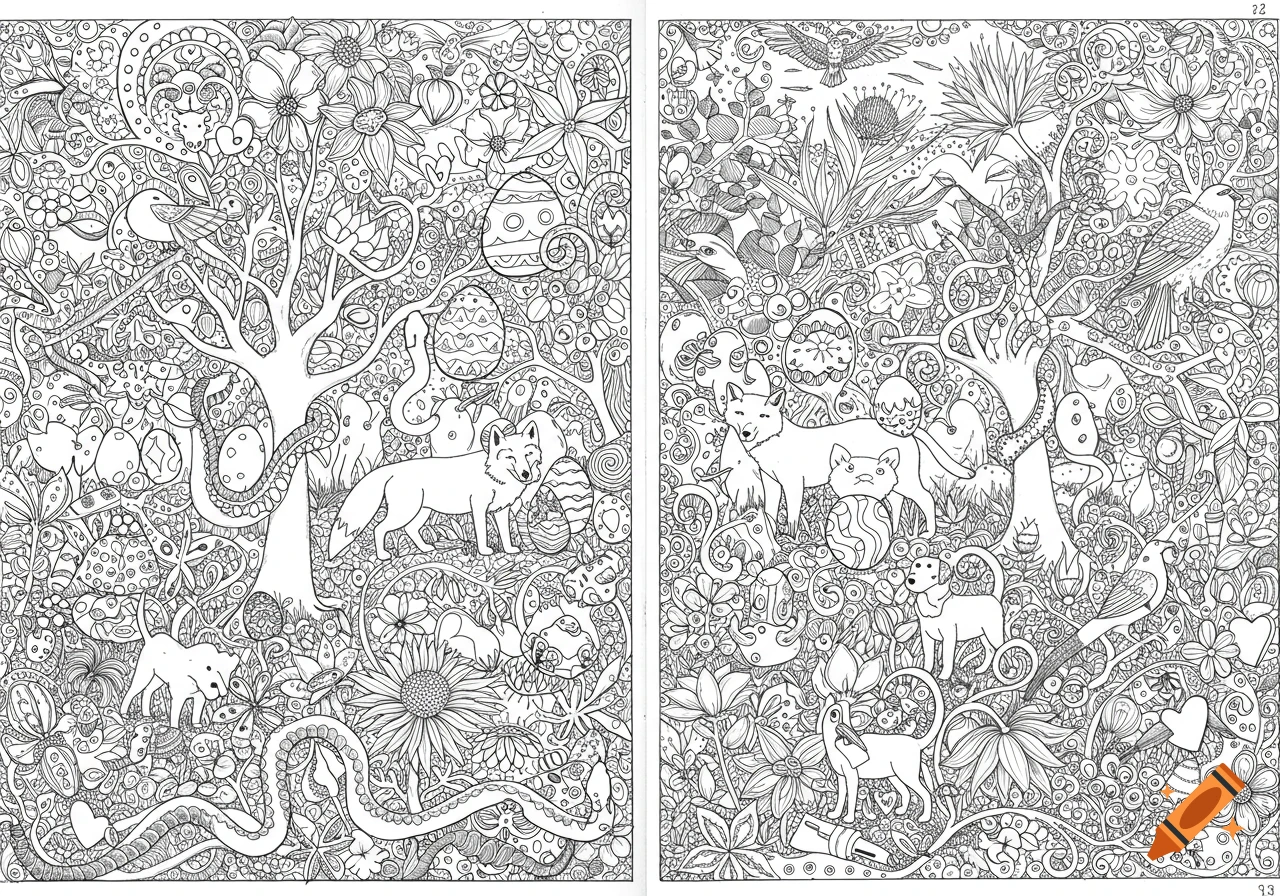 Black and white intricate illustration of a forest scene with foxes, cats, birds, snakes, trees, flowers, Easter eggs, and hearts.