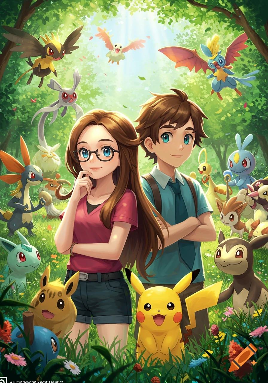 Anime illustration of a boy and a girl surrounded by many colorful Pok mon characters in a vibrant green forest.