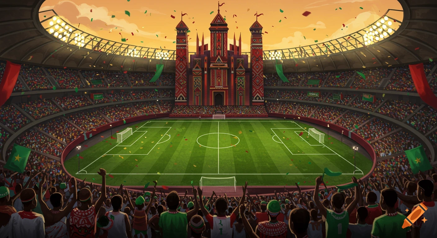 Vibrant illustration of a packed soccer stadium with a grand, ornate building as a backdrop under a sunset sky, with confetti falling.