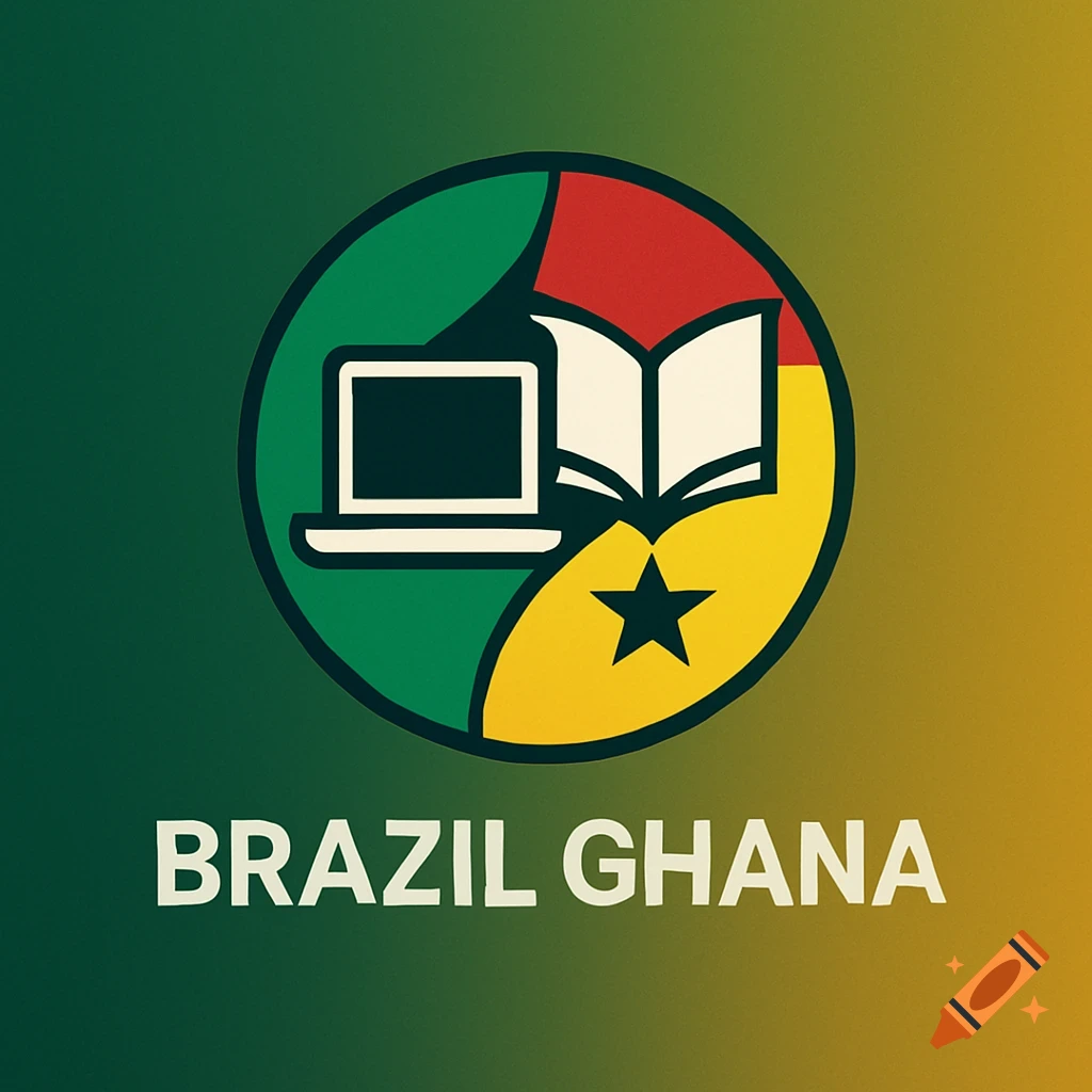A logo with a circle containing a laptop, an open book, and a black star, against Ghanaian flag colors. Below is the text BRAZIL GHANA.