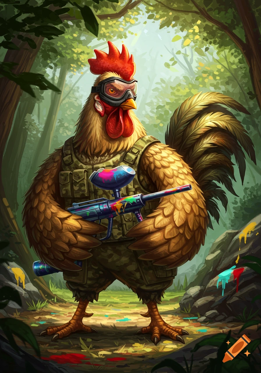 A stylized rooster in camouflage with paintball goggles and a paint-splattered paintball gun stands in a lush forest.