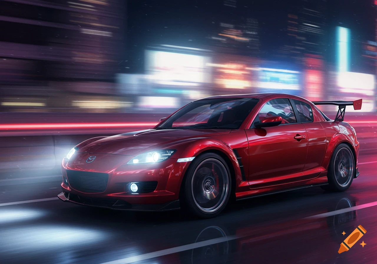 A glossy red Mazda RX-8 sports car speeding through a neon-lit city street at night with motion blur.