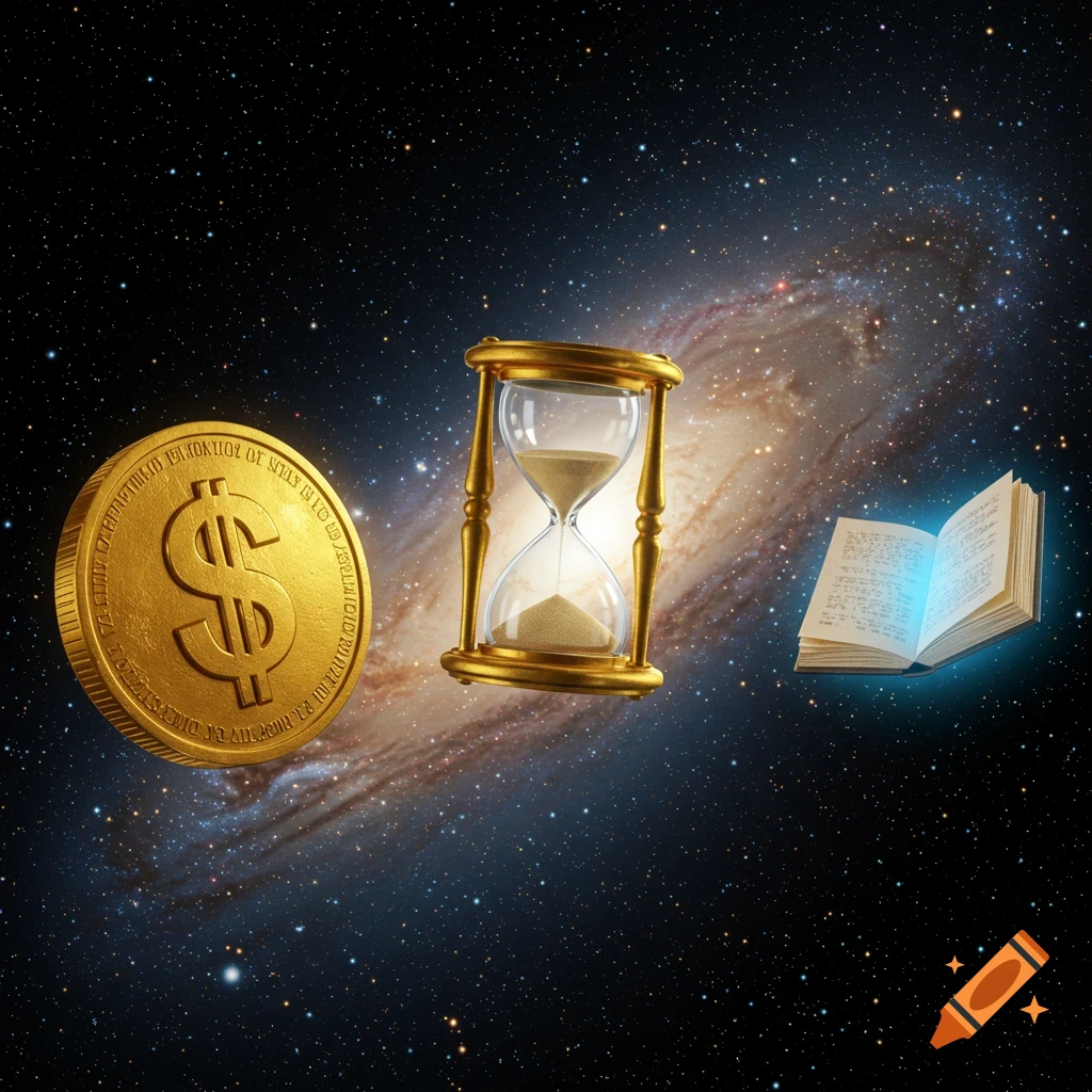A large gold dollar coin, an hourglass, and an open glowing book float in deep space with a swirling galaxy background.