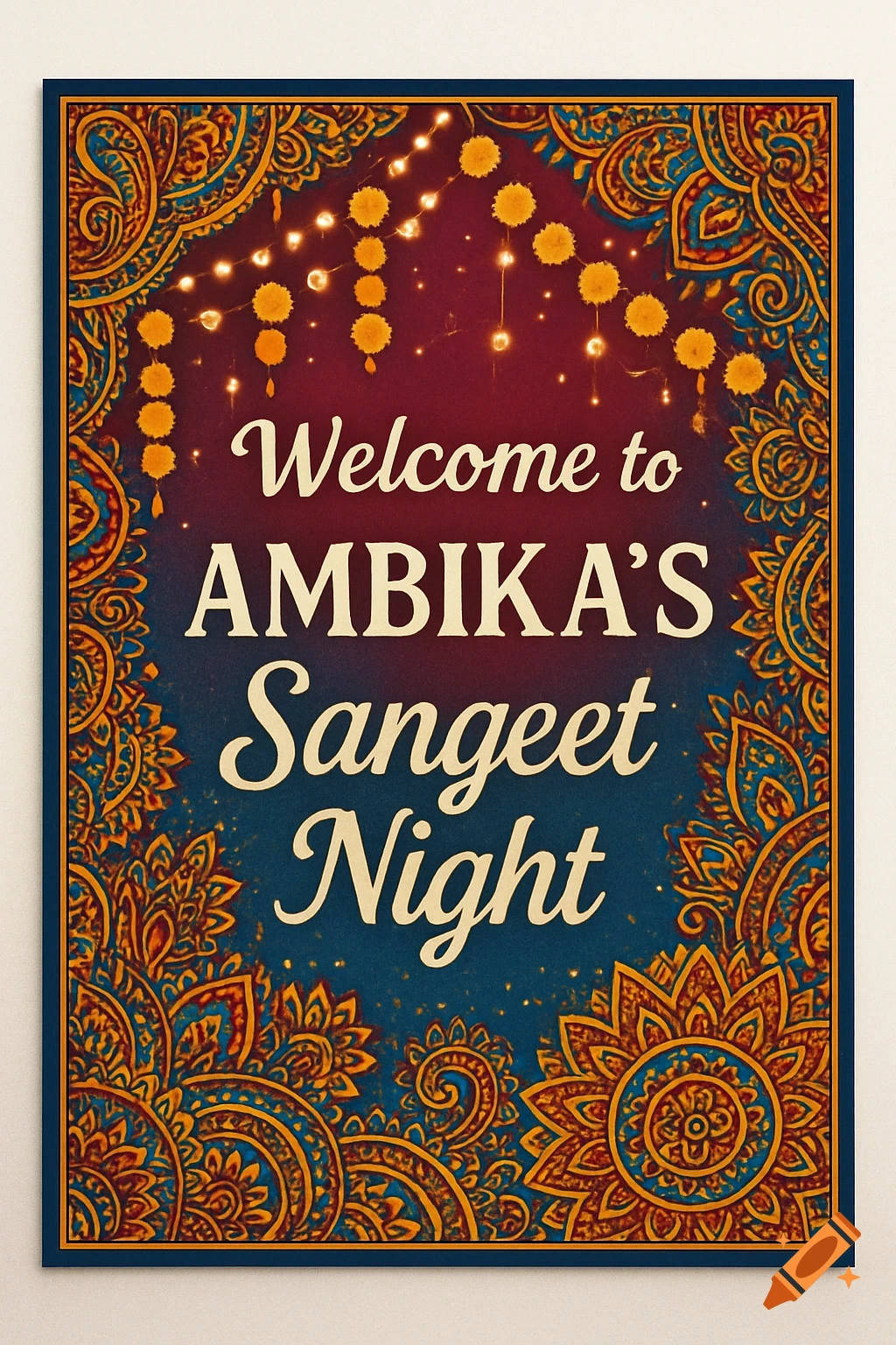 A vibrant welcome poster for Ambika's Sangeet Night, featuring ornate Indian decoration motifs and string lights.