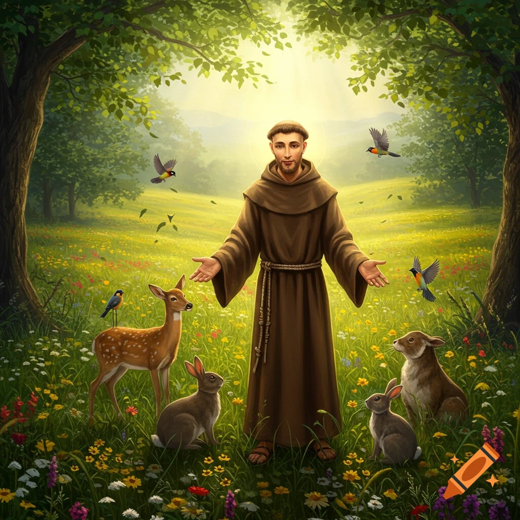St. Francis of Assisi in a brown robe, standing in a lush, sunlit meadow surrounded by a deer, rabbits, and birds. Vibrant, detailed illustration.