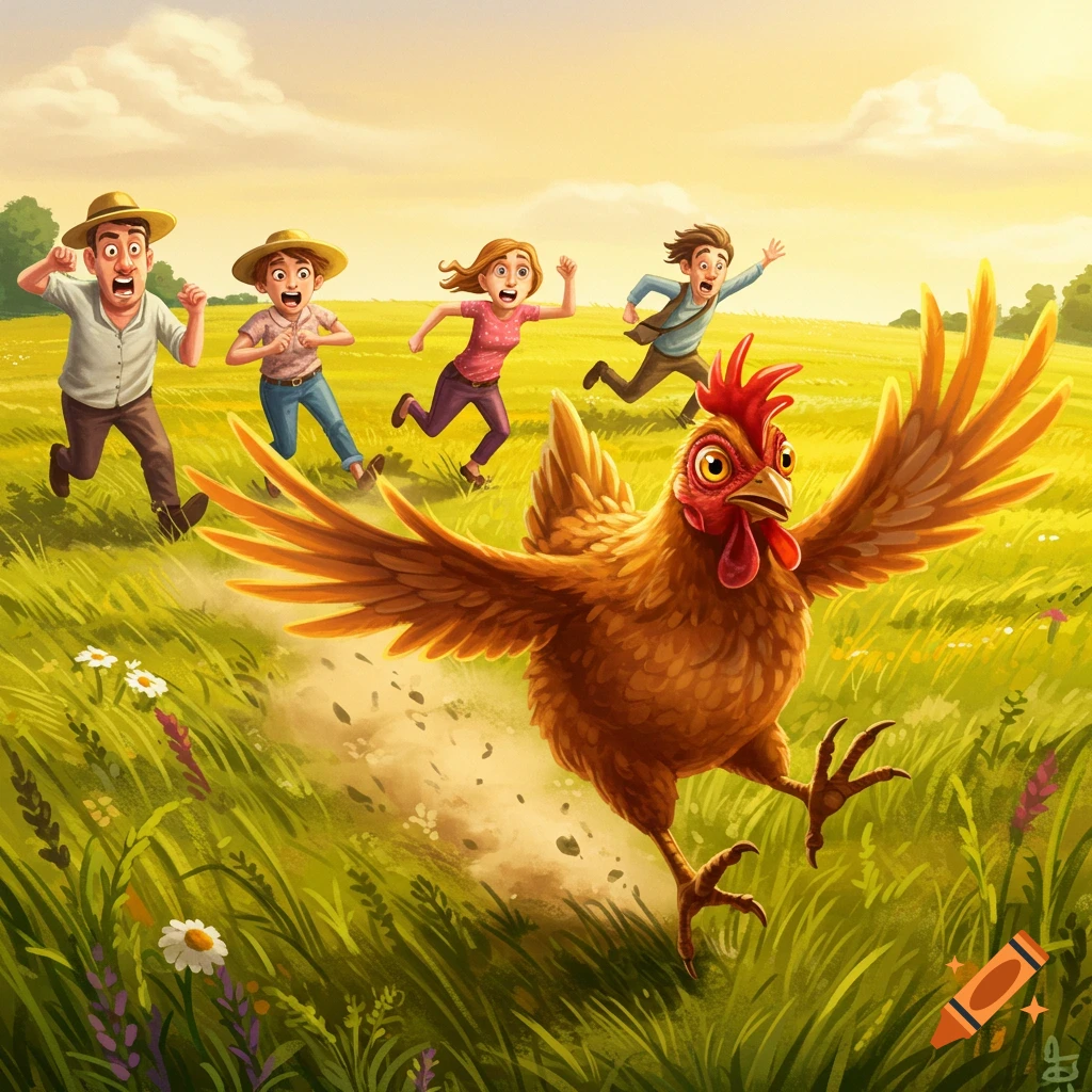 A cartoon chicken with wide wings runs through a sunny green field, chased by four terrified people. Illustrative style.