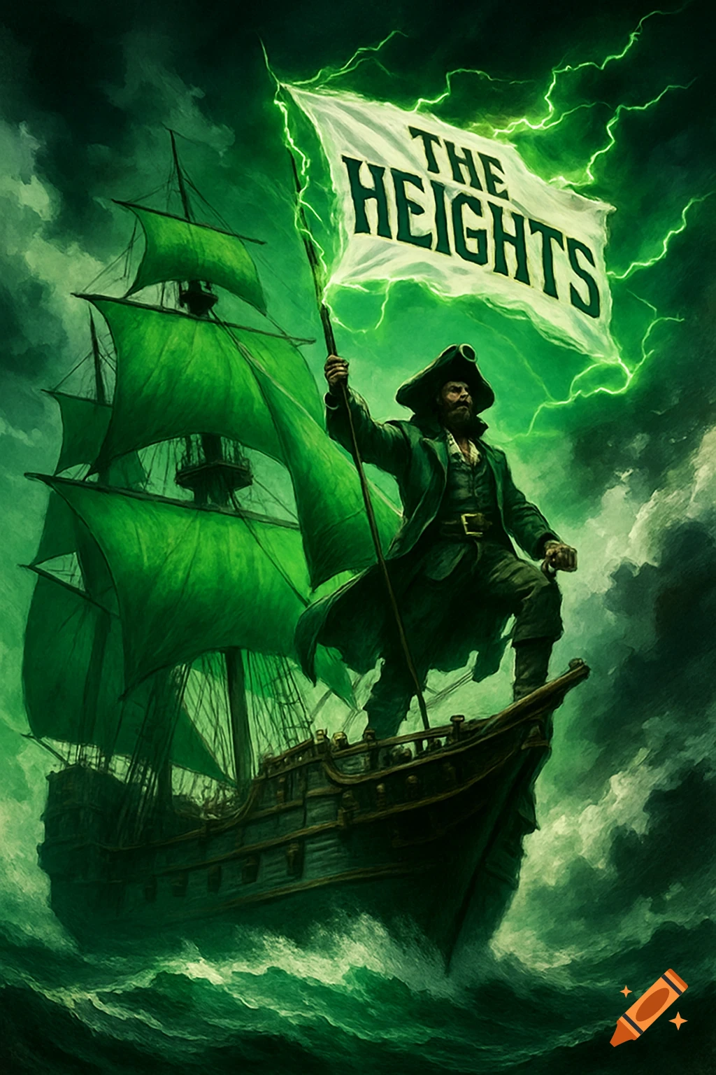 A pirate captain stands on a ship's bow holding a flag with 'THE HEIGHTS' text, amidst a stormy green sea and lightning.