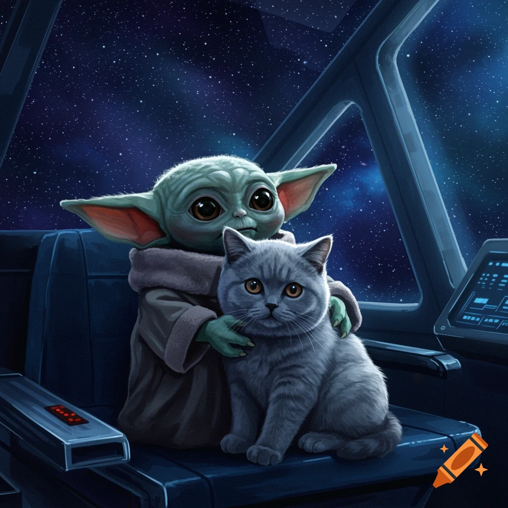 Baby Yoda holding a British Blue cat inside a spaceship, gazing out at the starry space in a digital art style.