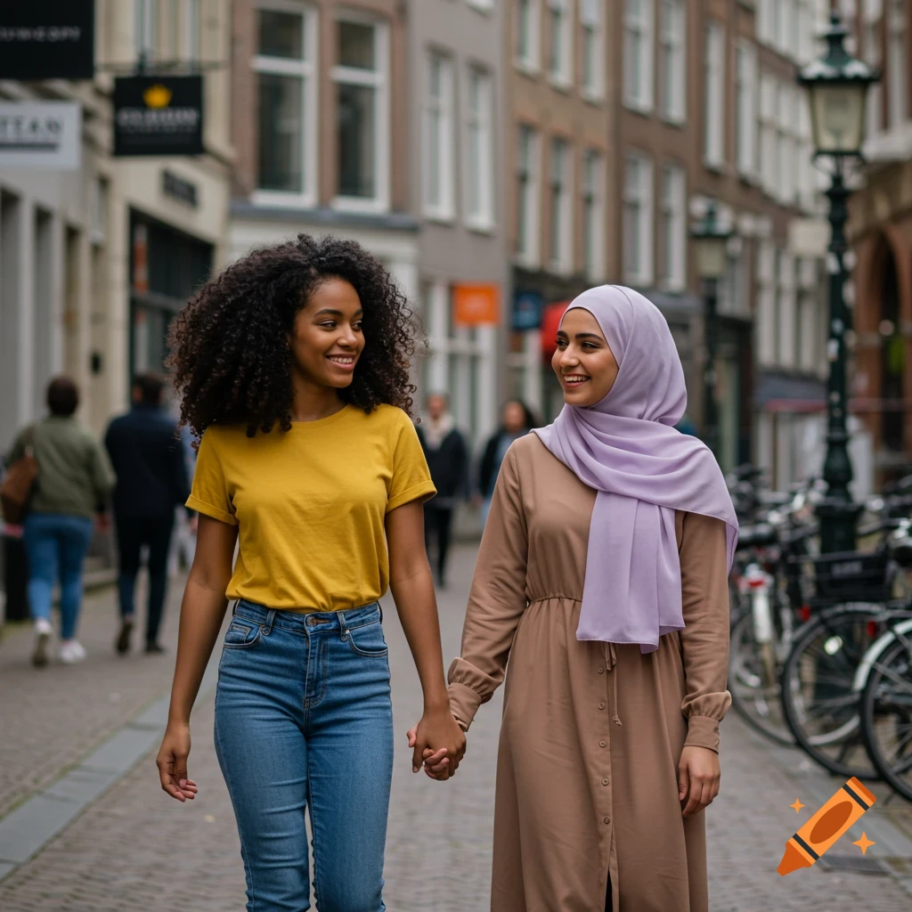 Two smiling young women, one with curly hair and a yellow shirt, the other in a lavender hijab and brown dress, walk hand-in-hand down a city street.