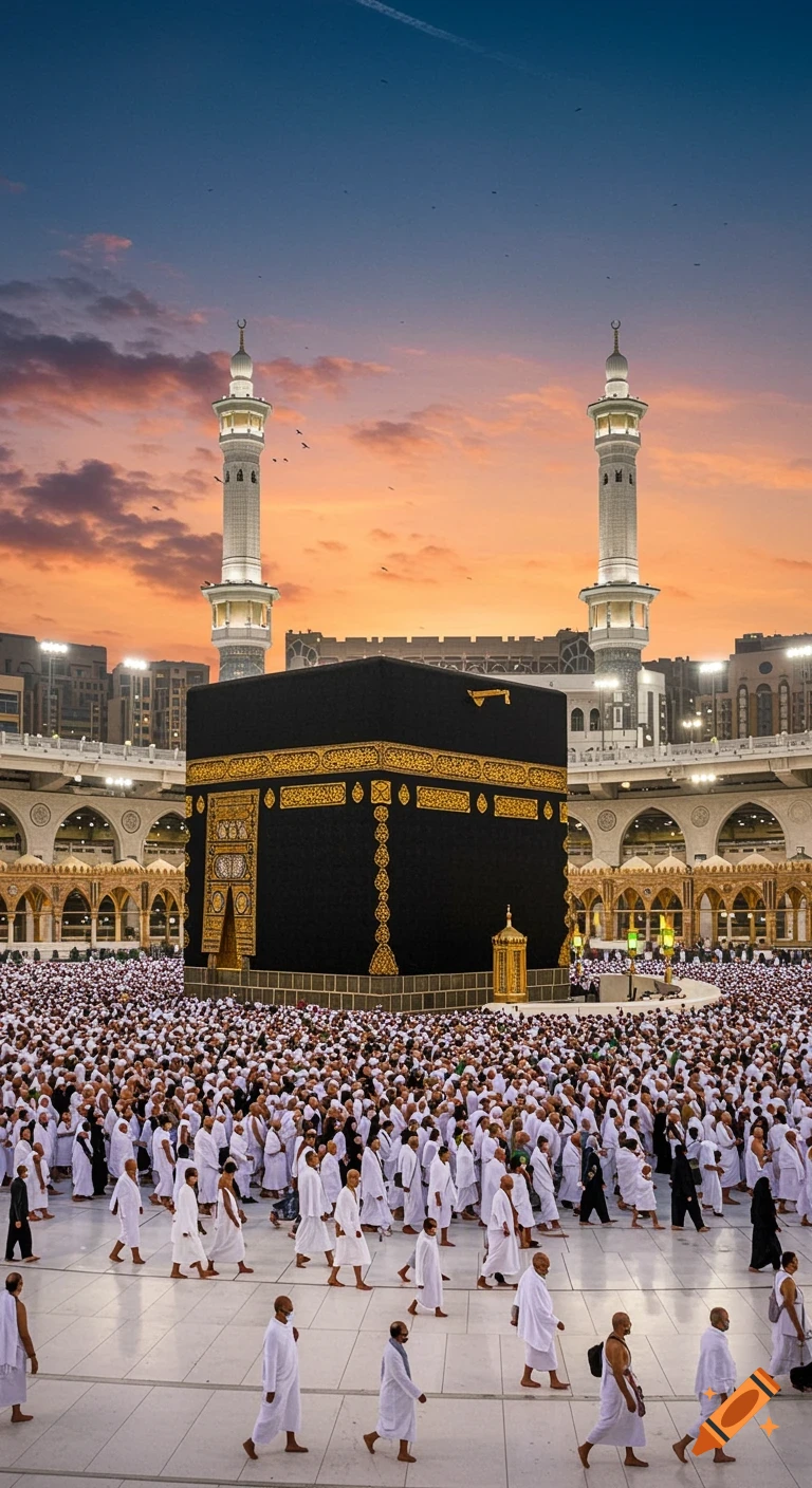 A large crowd of people dressed in white robes circle the black, gold-decorated Kaaba at the Grand Mosque, with minarets under a vibrant sunset sky.