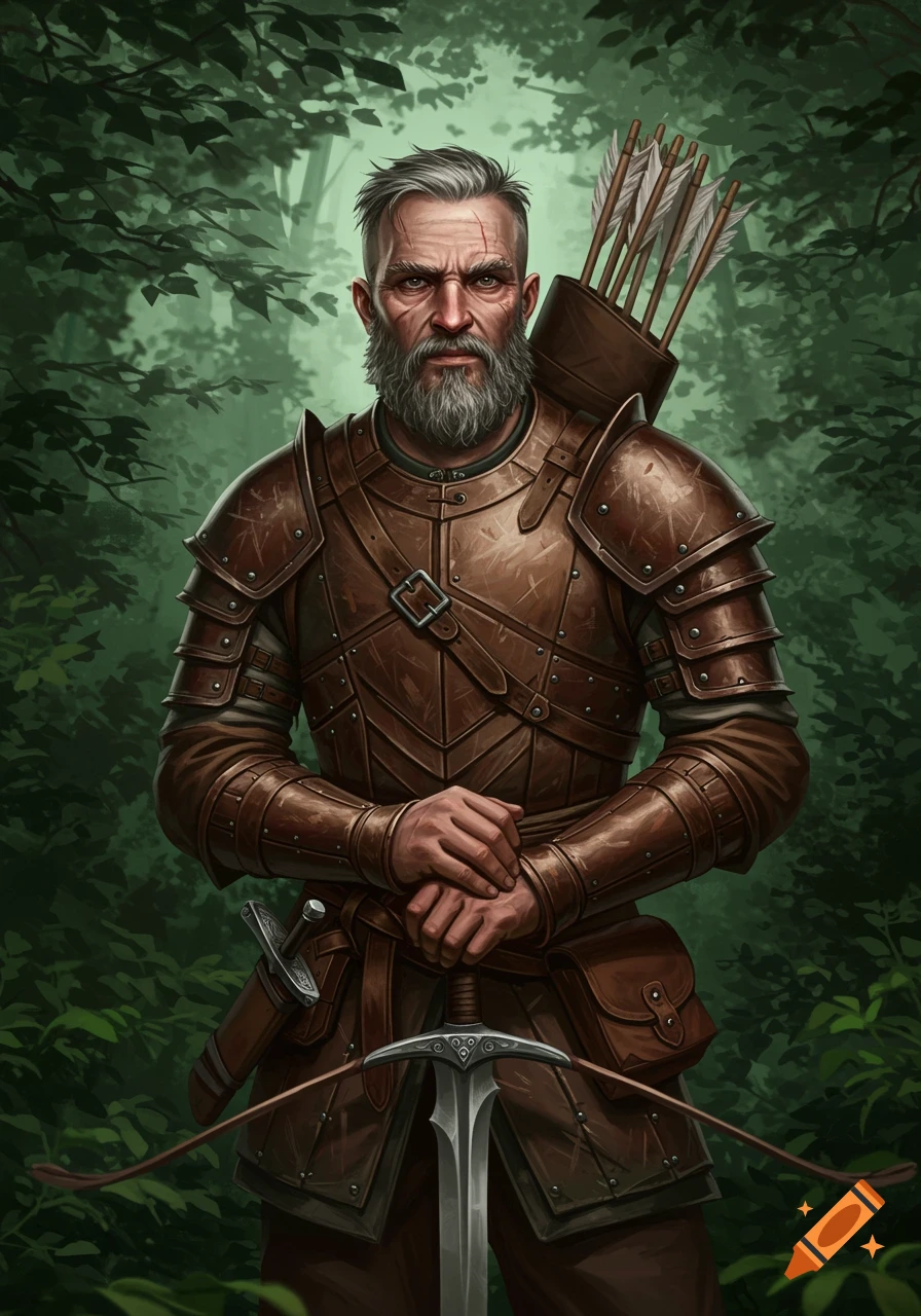 A bearded male ranger in leather armor stands in a forest, hands clasped over a sword hilt, with a quiver of arrows on his back.