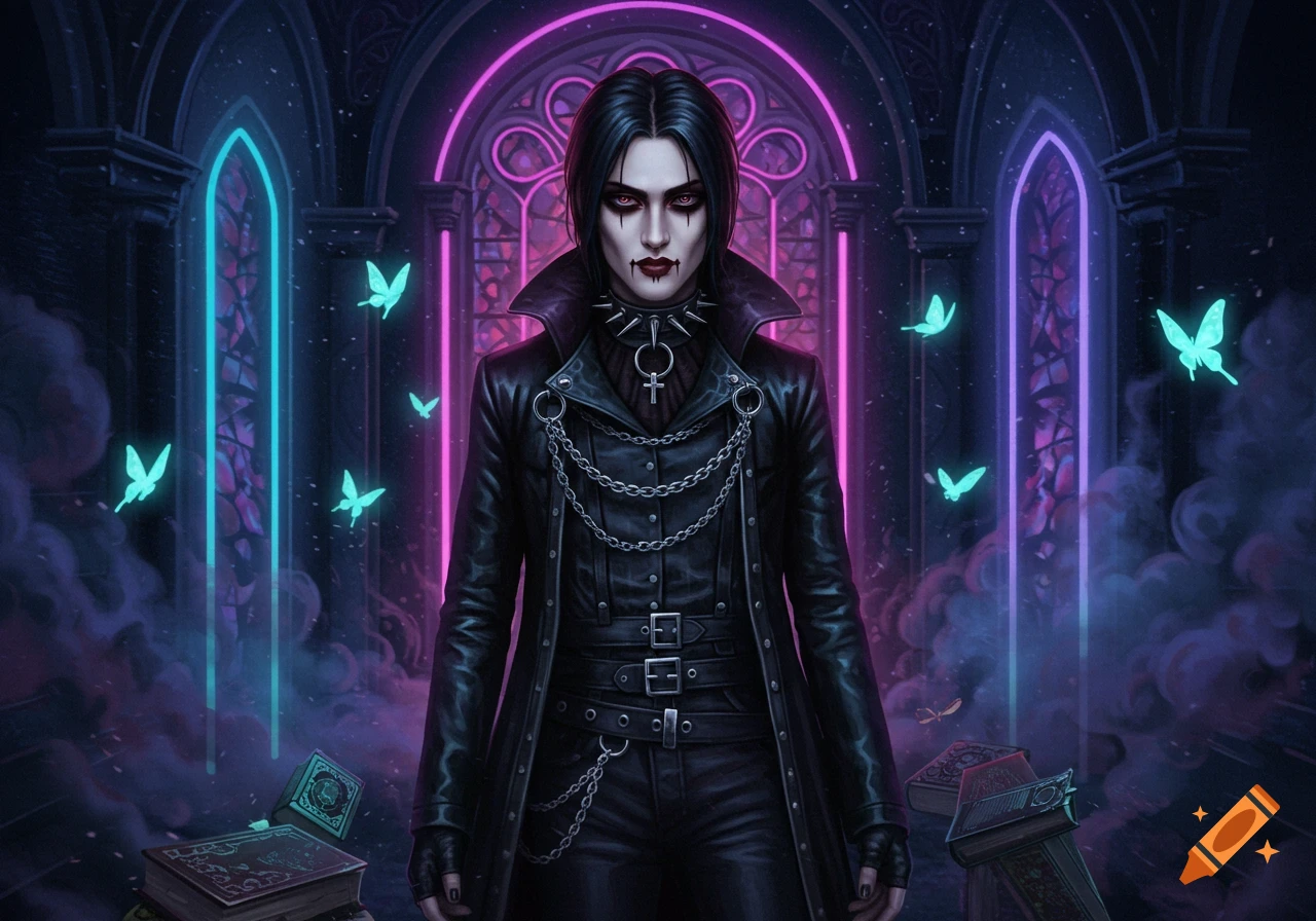 A gothic character in a black leather coat with chains stands in a neon-lit chamber with glowing butterflies.