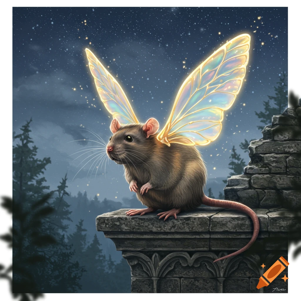 A small brown rat with large, glowing, iridescent fairy wings sits on a stone structure under a starry night sky.