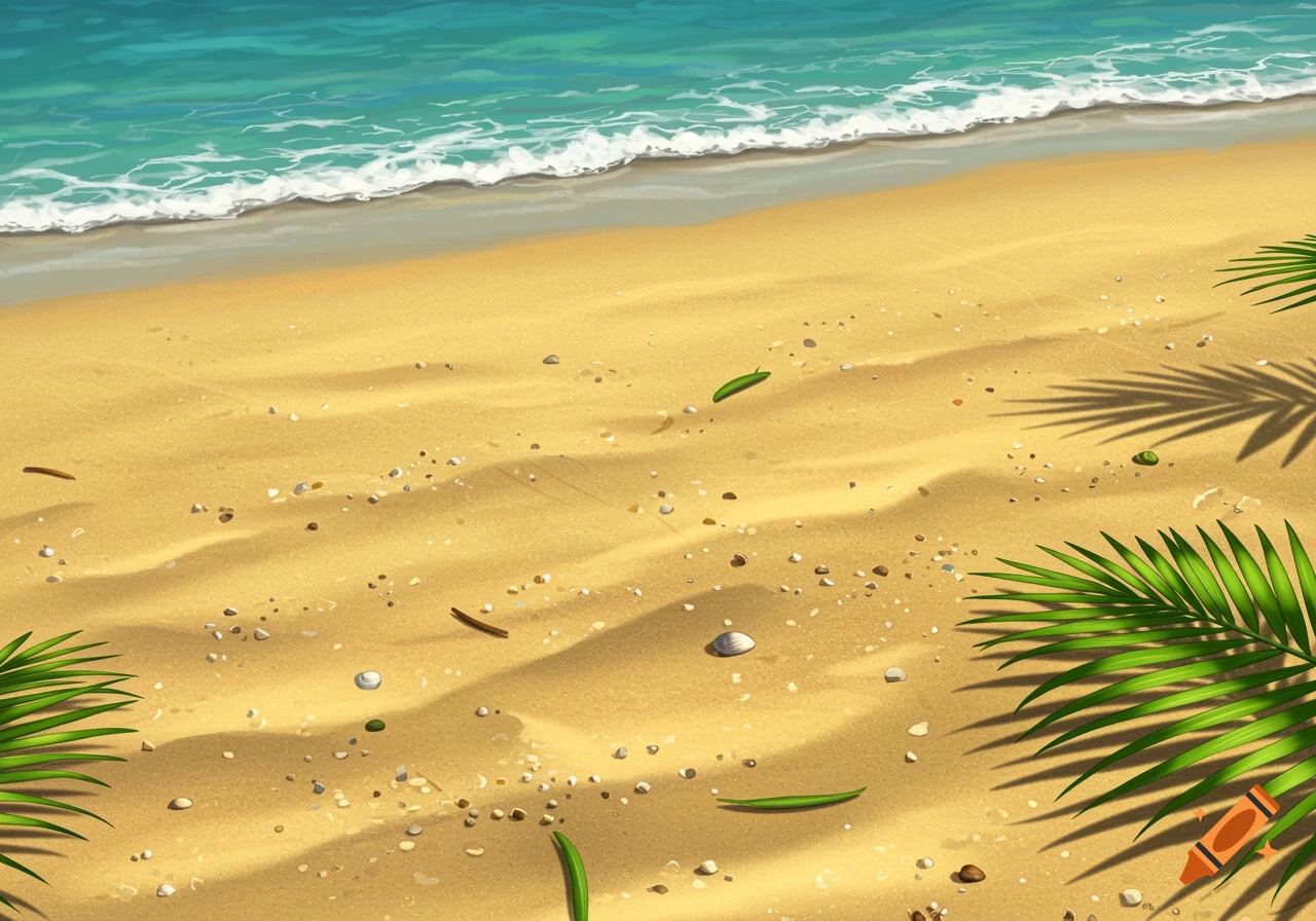 Top-down view of a sandy beach with turquoise water, gentle waves, and palm fronds casting shadows.