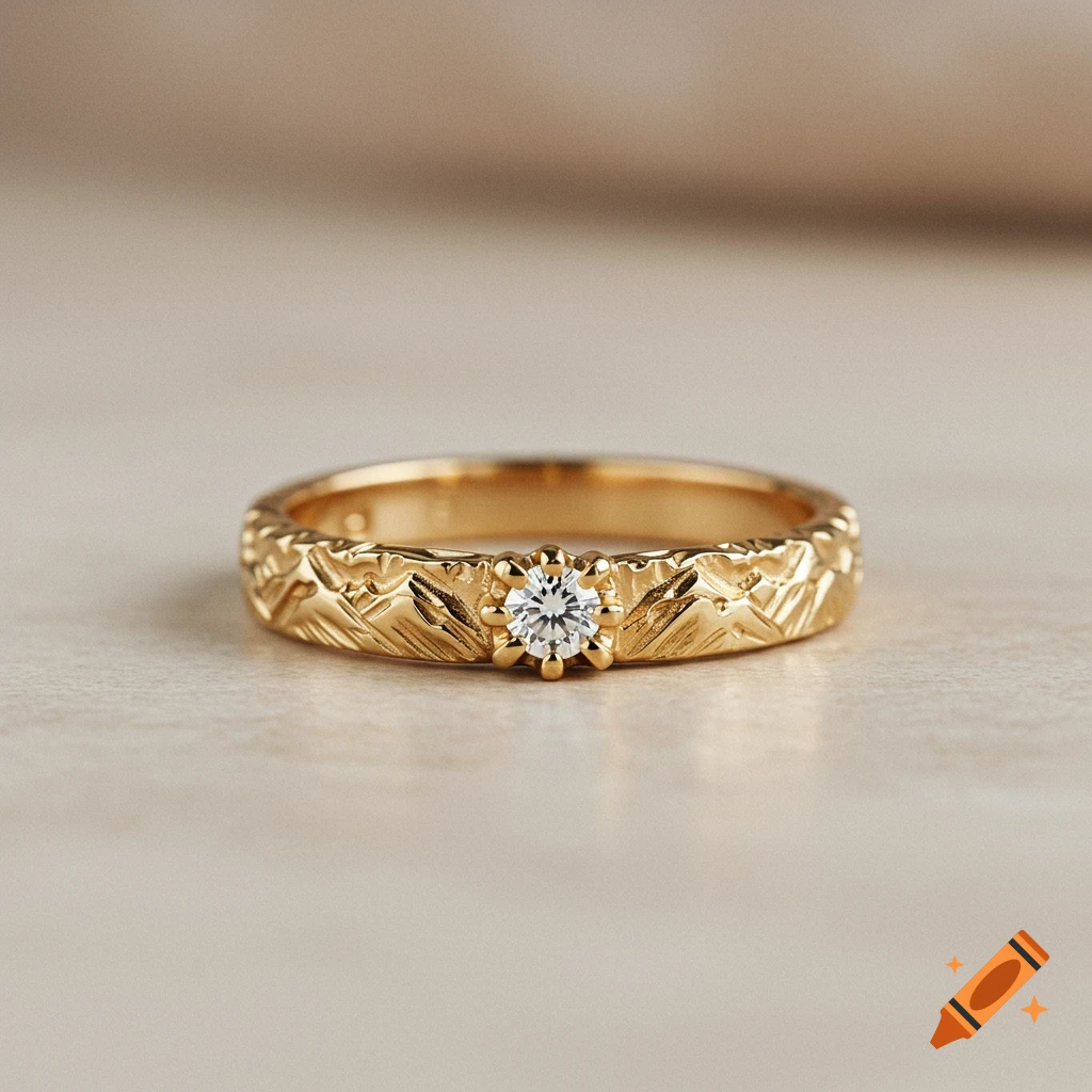 A close-up, photorealistic shot of a vintage gold engagement ring with a small diamond and carved mountain patterns.