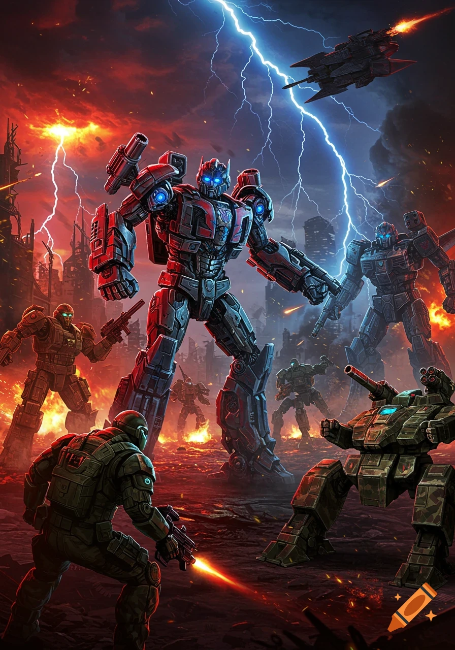 Giant robots and soldiers battle in a ruined city under a stormy, lightning-filled sky with explosions and laser fire, sci-fi illustration.