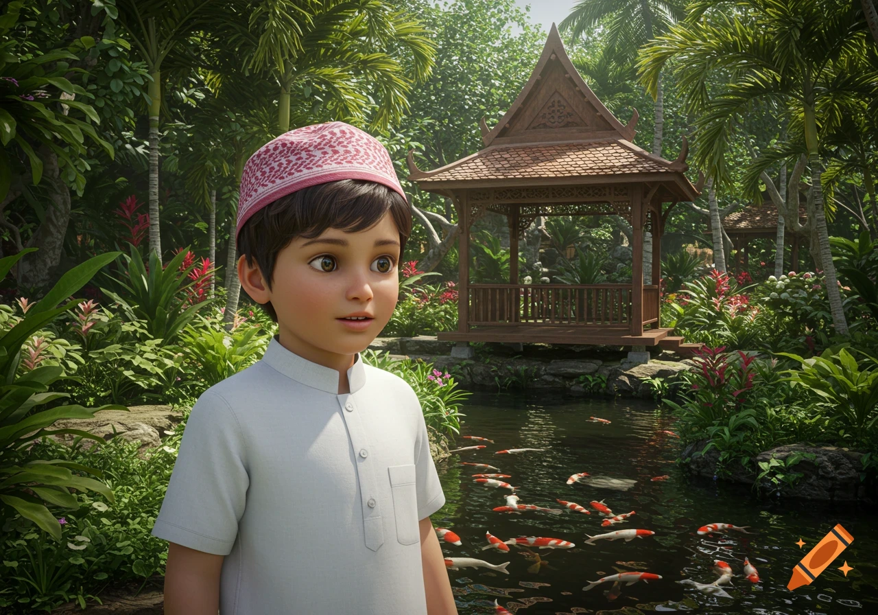 A photorealistic image of a young boy in a white shirt and red-and-white cap, standing in a lush tropical garden with a wooden pavilion and koi pond.