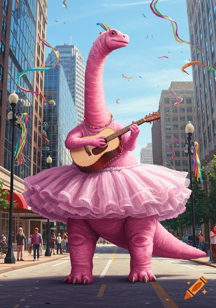 A large pink dinosaur wearing a pink tutu plays an acoustic guitar on a city street with colorful ribbons.