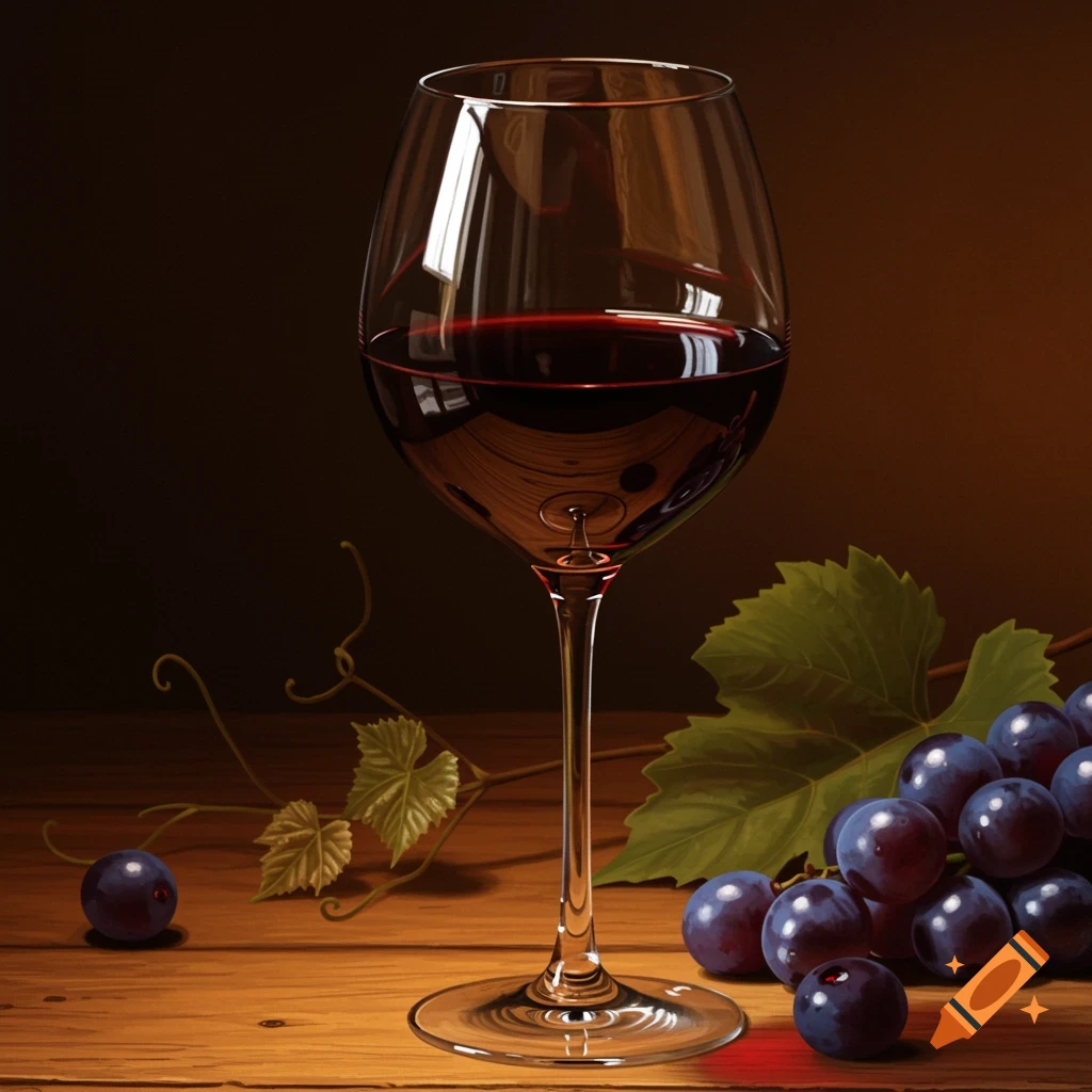 A photorealistic still life of a glass of red wine next to a bunch of grapes and vines on a wooden table.