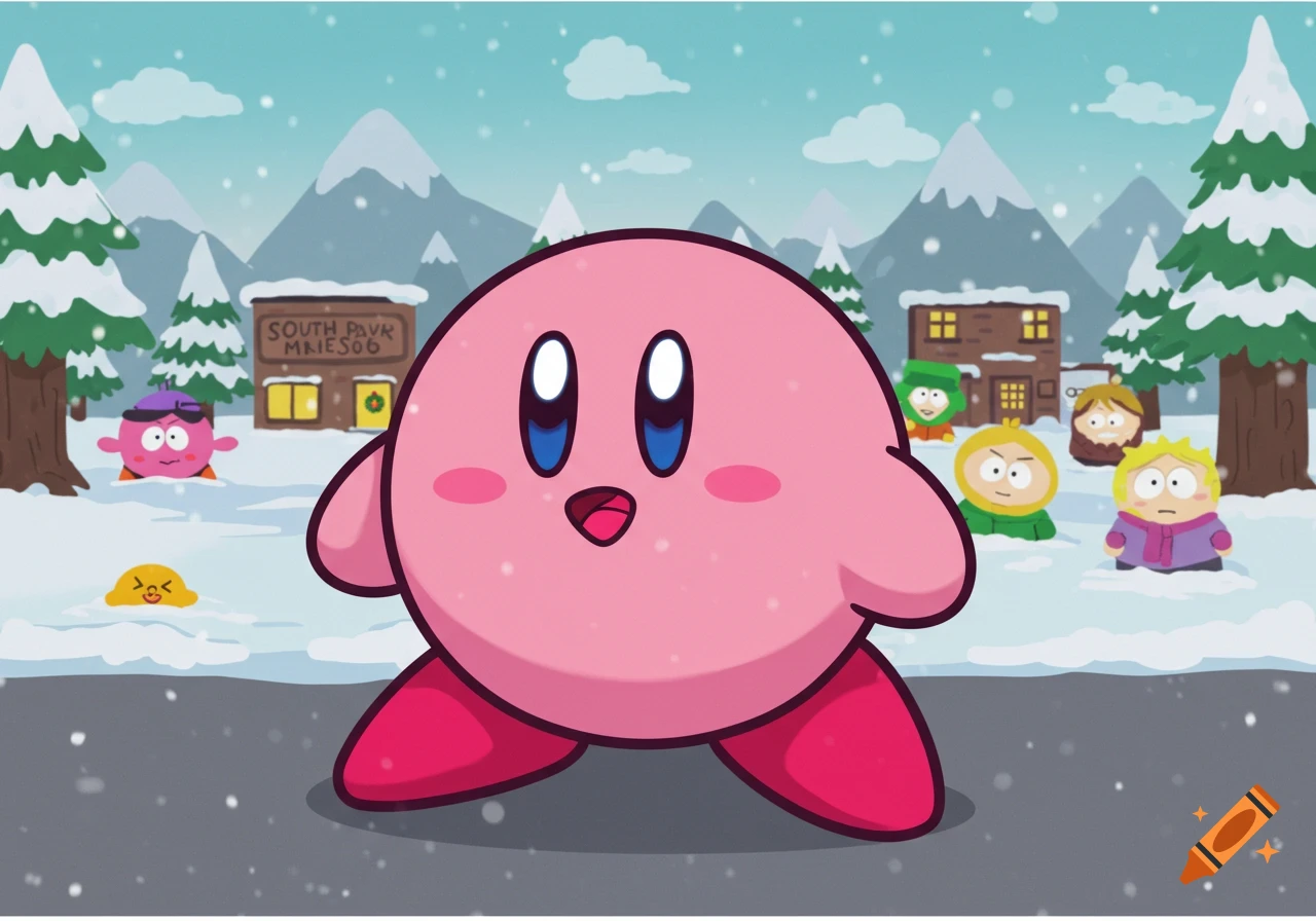 Kirby stands in a snowy South Park town with familiar characters and buildings in the background, drawn in a cartoon style.