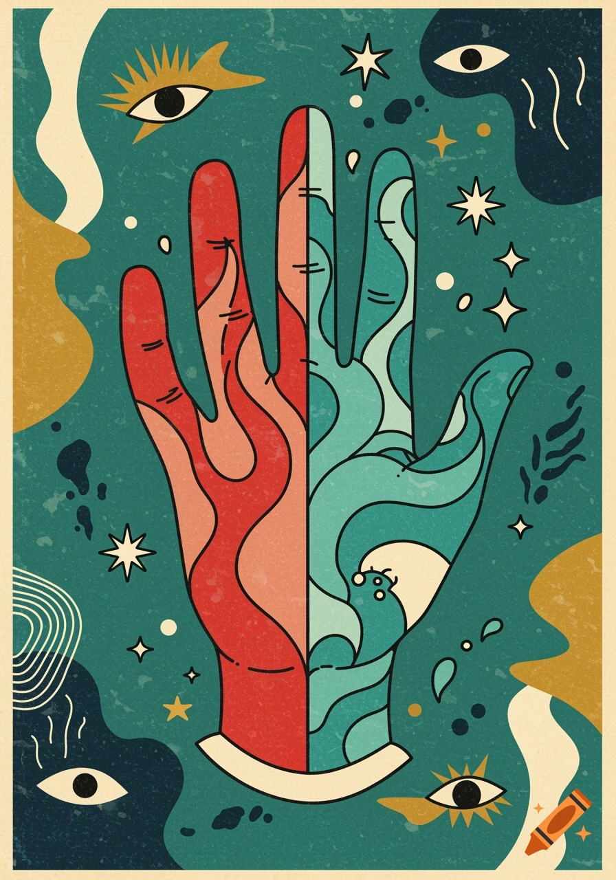 Stylized retro poster of a hand split in half, one side red flames, the other teal waves, with abstract eyes and stars on a teal background.