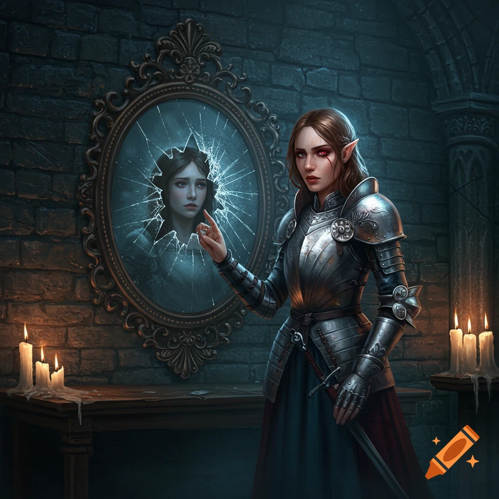 A woman in intricate armor with elf ears stands before a shattered mirror reflecting a sad, unarmored version of herself in a dark, candlelit room.