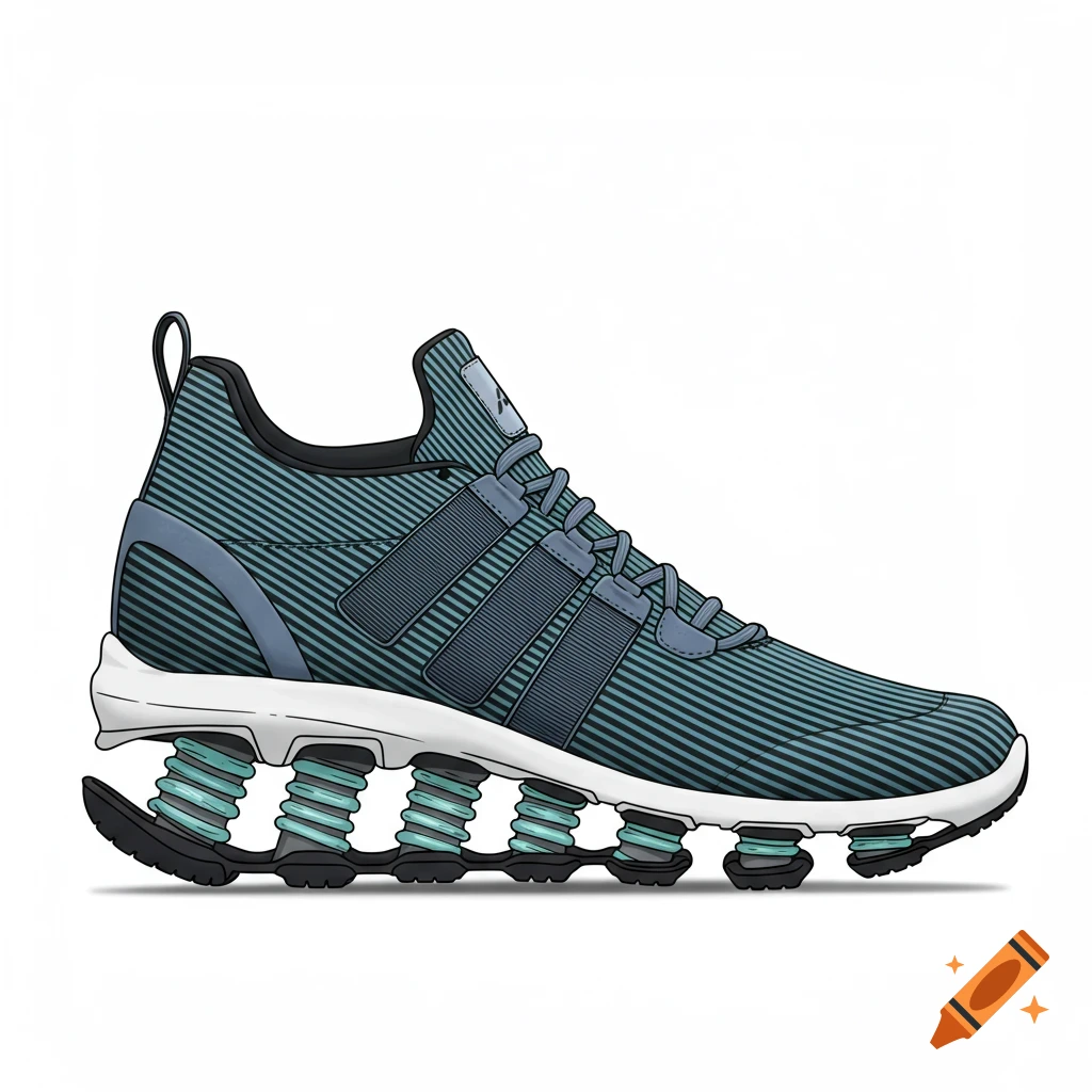 A teal and black striped athletic shoe with a unique white sole featuring teal spring-like cushioning.