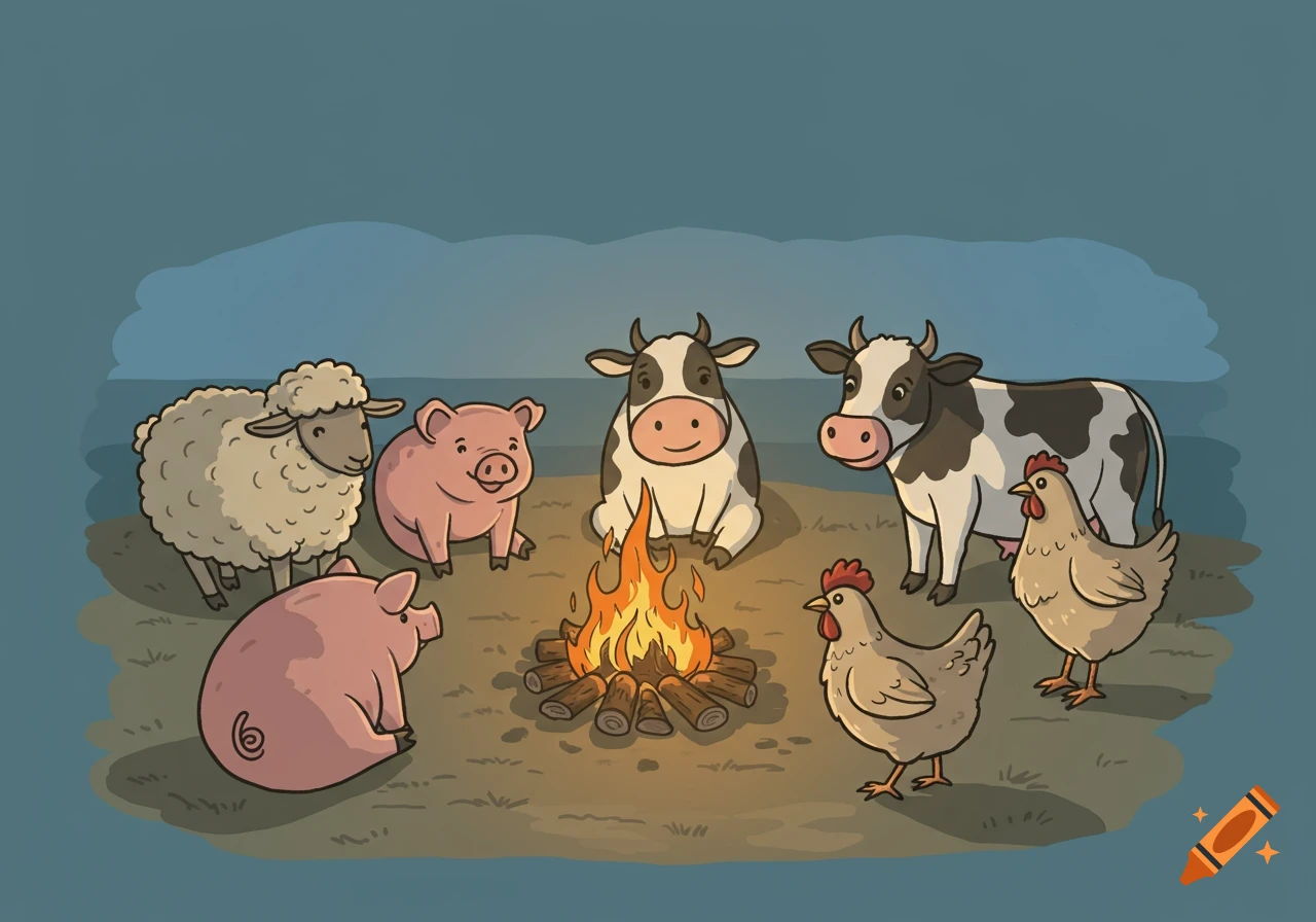 A cartoon of various farm animals, including sheep, pigs, cows, and chickens, sitting happily around a campfire at night.