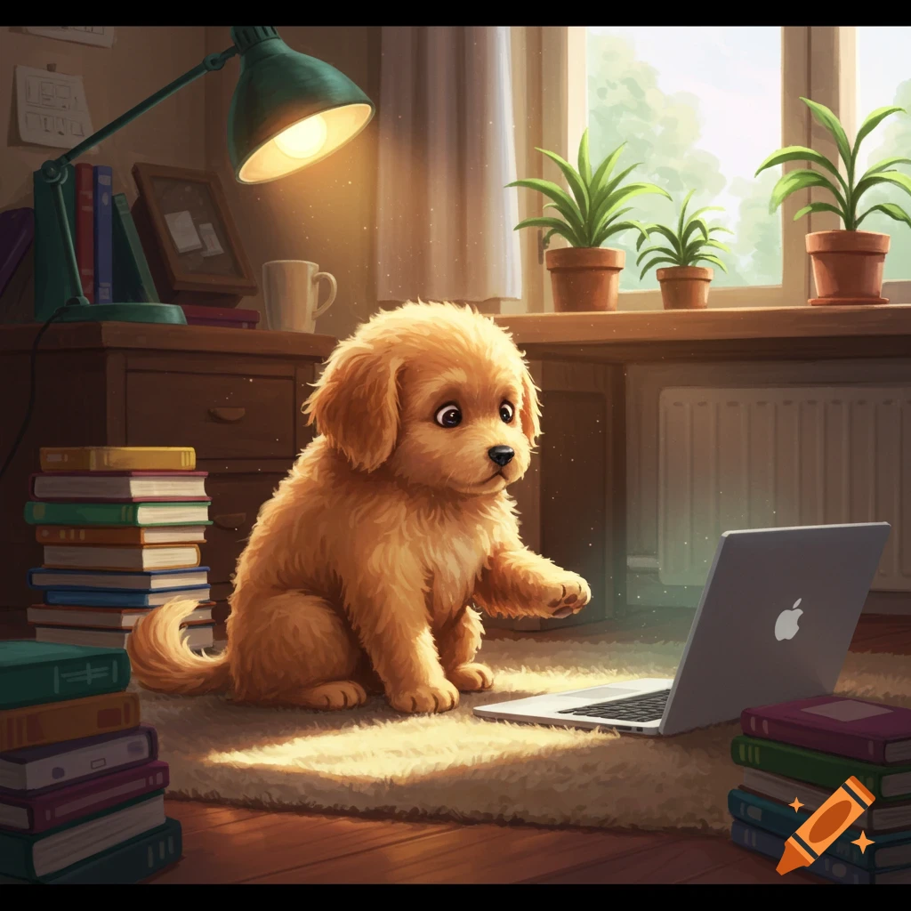 A cute fluffy golden dog sits on a rug, looking at a laptop in a cozy room with books and plants. Digital art.