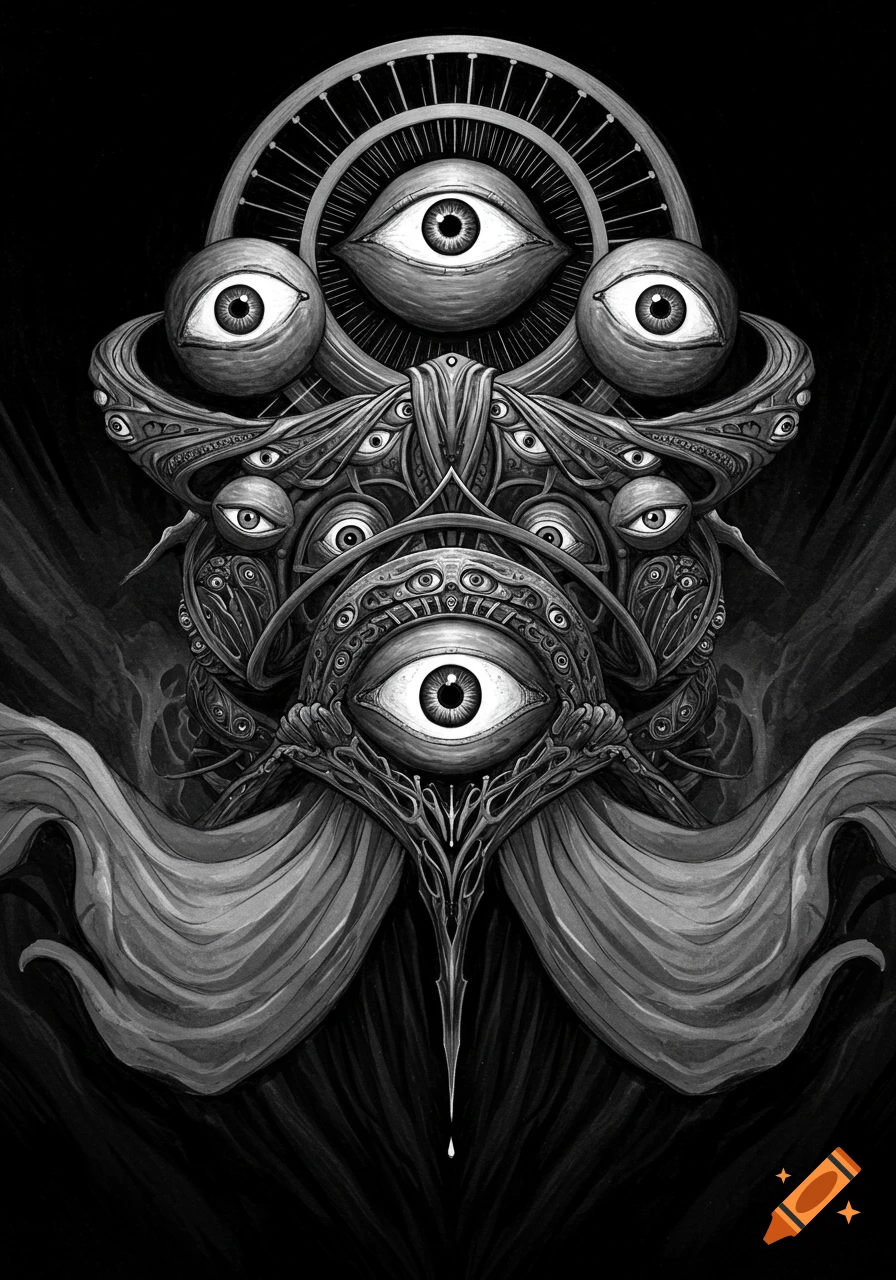 A detailed monochrome illustration of an abstract angelic entity covered in multiple eyes and intricate, swirling forms.