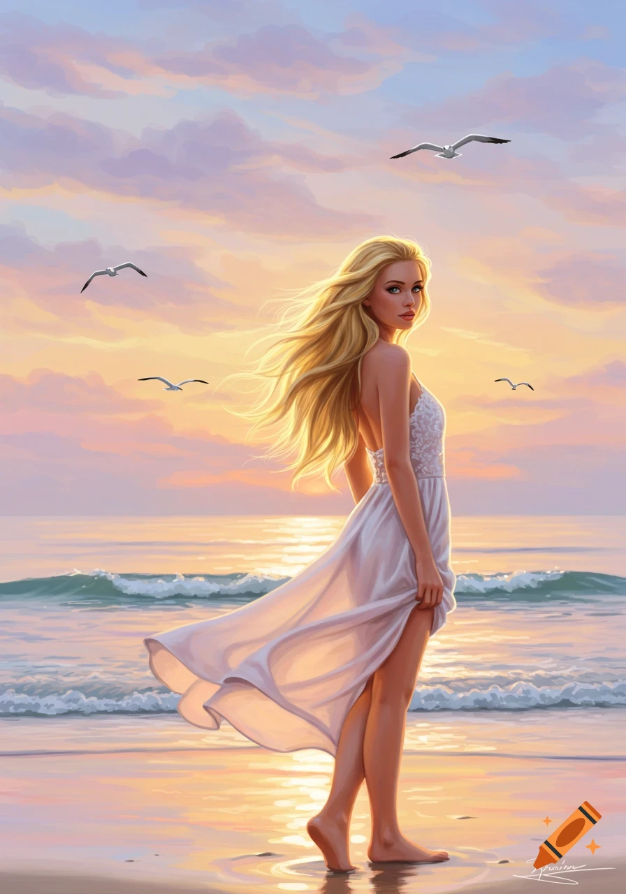 An illustrated blonde woman in a white dress standing on a beach at sunset, with seagulls flying.