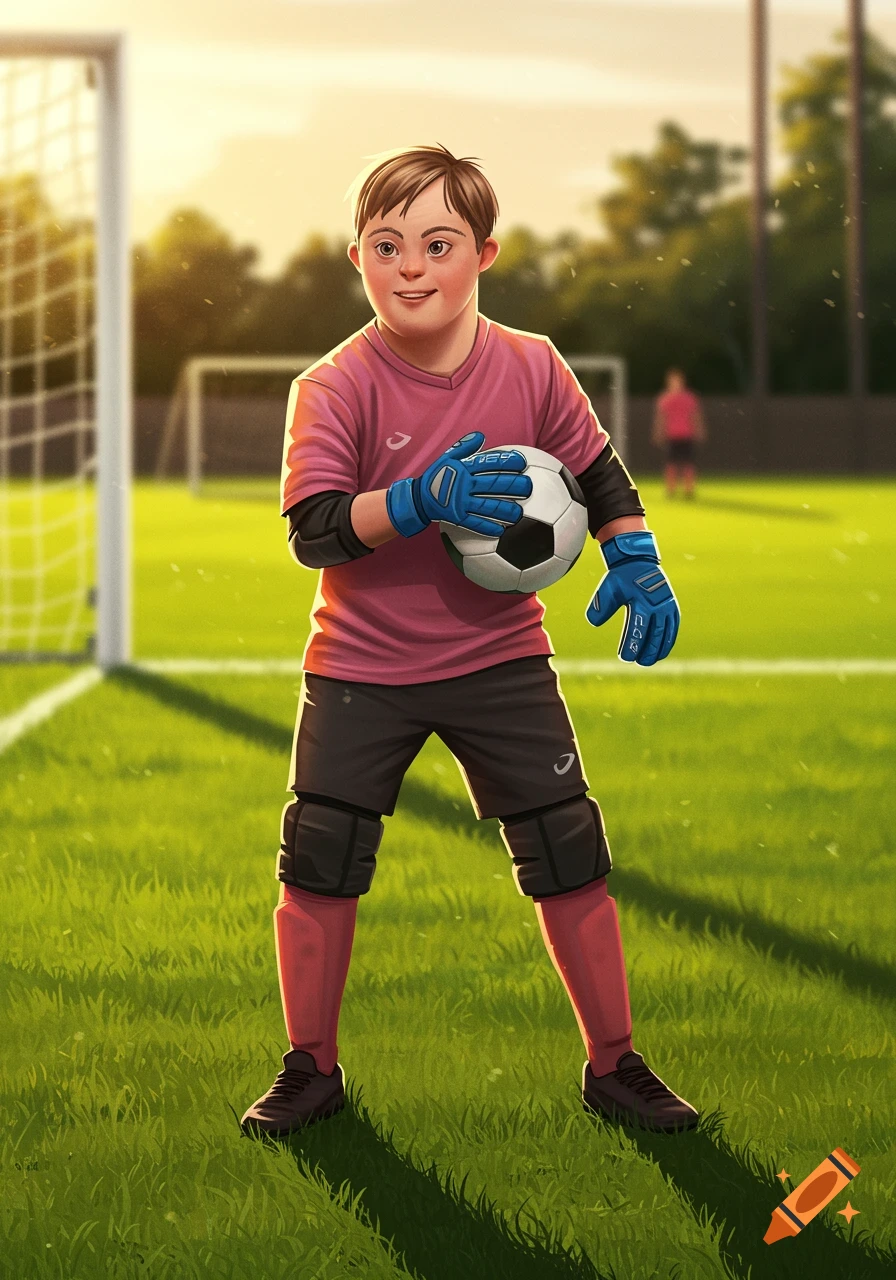 Digital illustration of a smiling boy with Down syndrome in a pink shirt and blue goalie gloves, holding a soccer ball on a sunny green field.