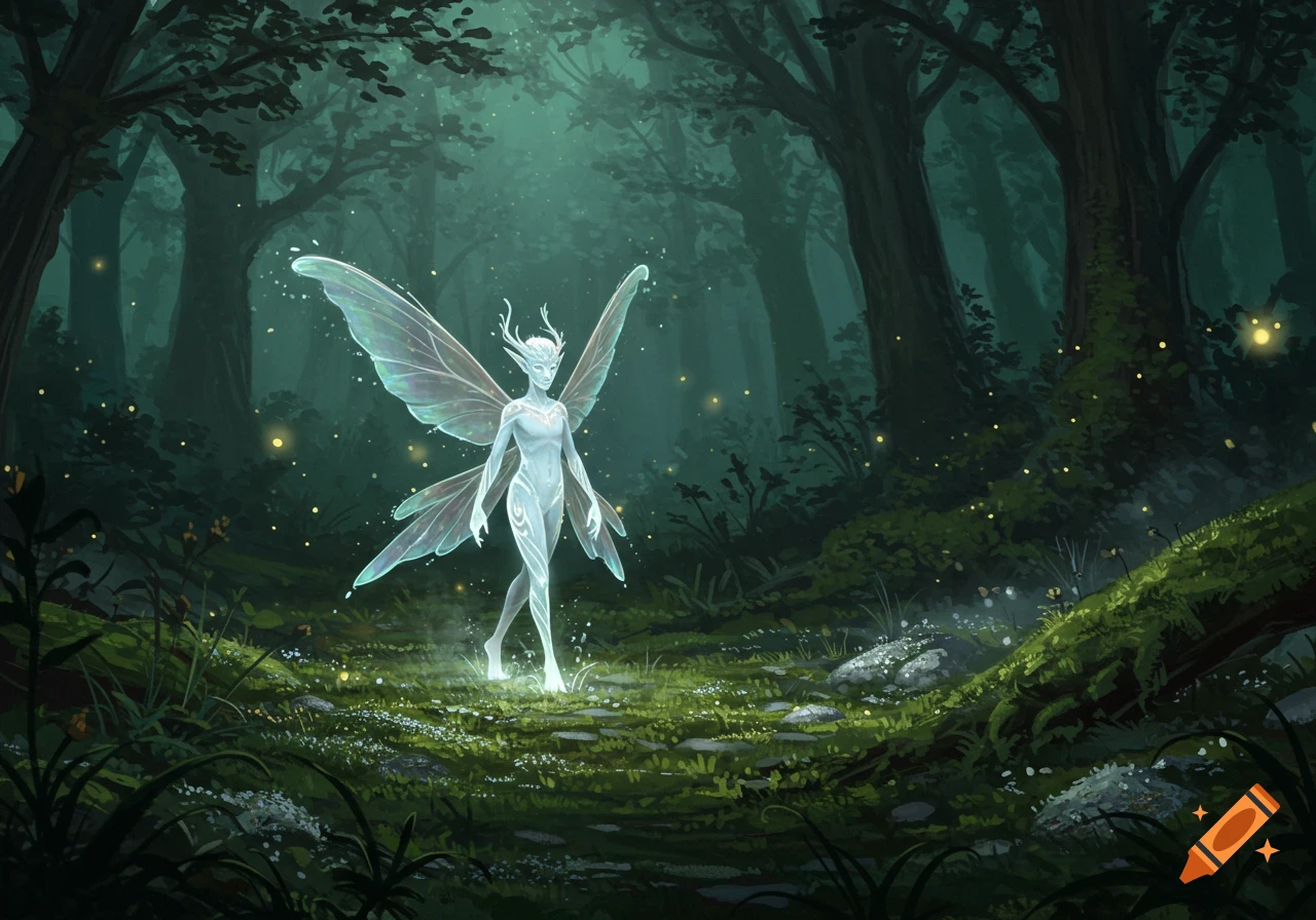 An ethereal, glowing fey spirit with large wings and antlers walks through a dark, mystical forest illuminated by tiny lights.