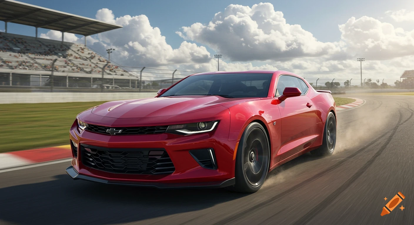 A red Chevrolet Camaro drives around a race track under a partly cloudy sky, with grandstands in the background.