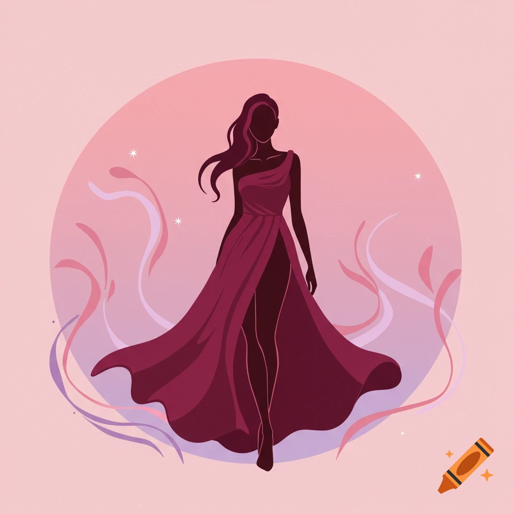 A silhouette illustration of a woman in a flowing maroon one-shoulder dress with a high slit, against a pink circular background with swirling abstract lines.